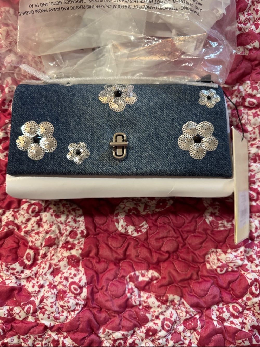 Marc Jacobs Denim and White Sequin Flower Clutch